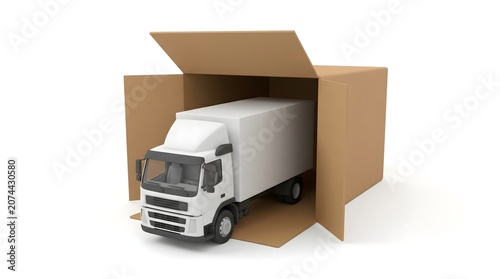 Delivery Truck Emerging from Cardboard Box, Global Shipping Logistics Concept
