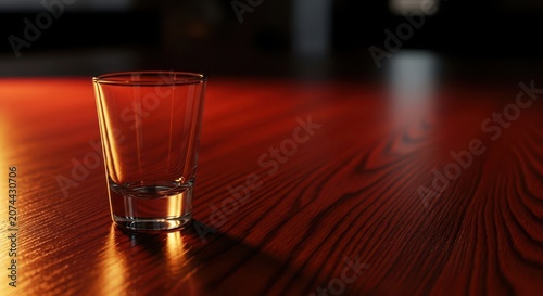 Crystal clear empty shot glass standing on a dark wooden table ready for pouring liquor or spirits during an evening gathering, barware, distilled, neat