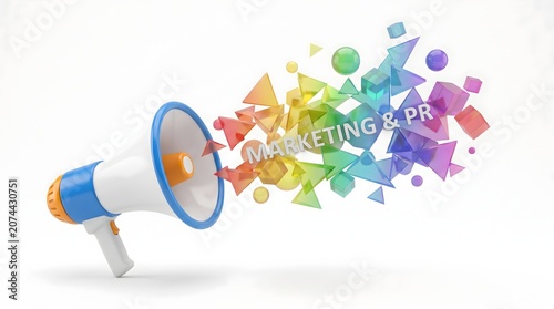 Megaphone announcing marketing and public relations with vibrant geometric shapes