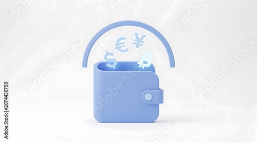 Minimalist 3D wallet with floating dollar euro yen and bitcoin symbols