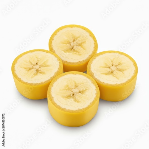 Five yellow bananas, perfectly sliced and arranged, presented on a pure white background with a clean drop shadow and included clipping path, nature, banana, five