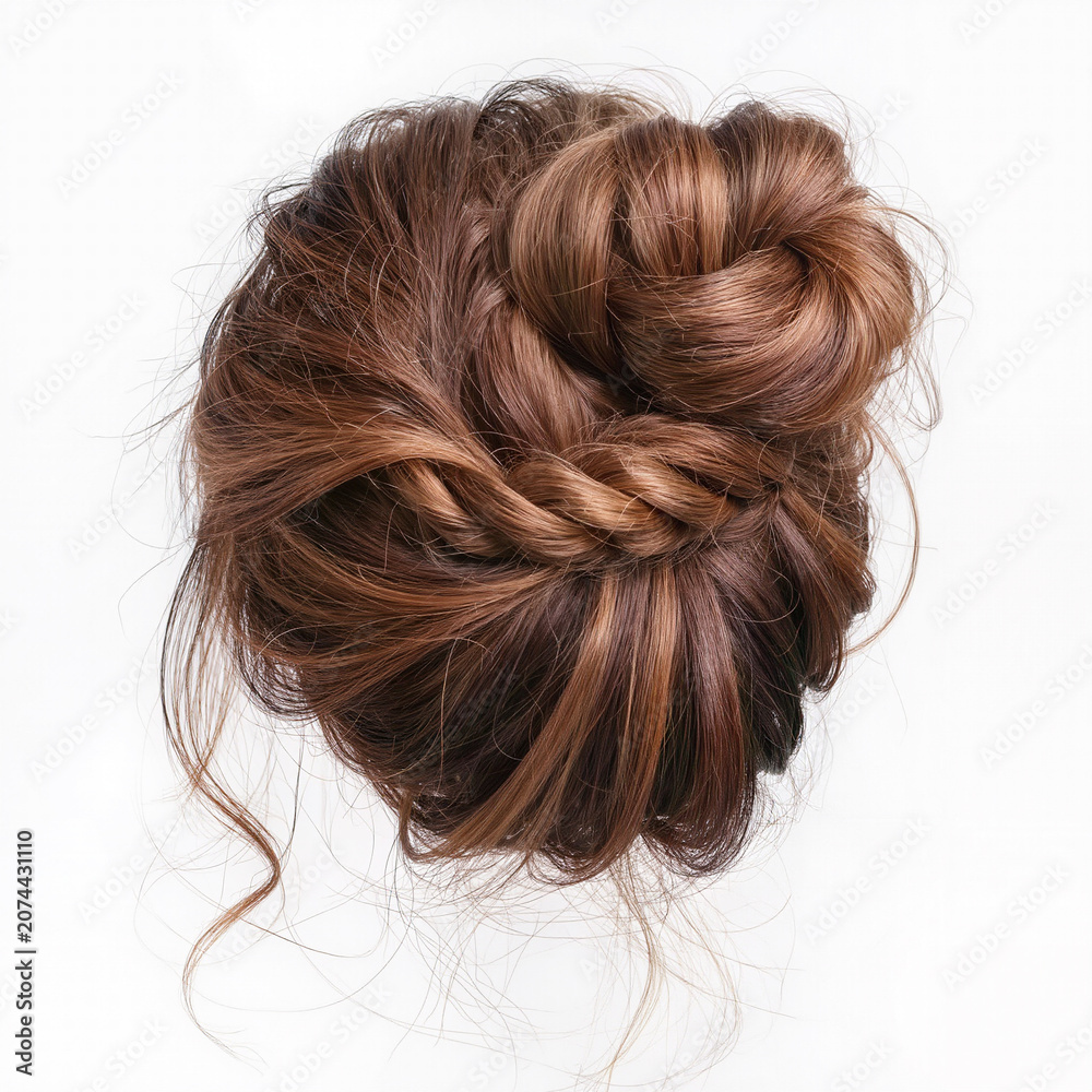 Naklejka premium Elegant hair bun with soft waves and braided detail on top