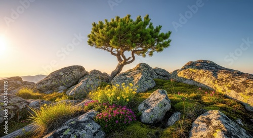 Lush alpine vegetation thrives on a rocky mountaintop under a bright sunny sky, showing natural resilience and vibrant color at extreme elevation, scenic, green, isolated