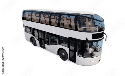 Futuristic double-decker capsule bus with two levels for sightseeing and transit, generic modern electric coach isolated on white background