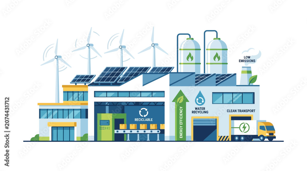 Fototapeta premium Green Energy Factory: Solar Panels, Wind Turbines, Recycling, Clean Transport