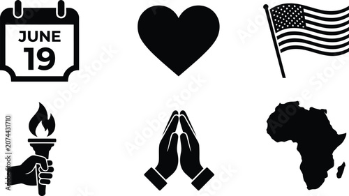 Bild auf Leinwand Juneteenth icons with heart, american flag, africa map, hands, torch