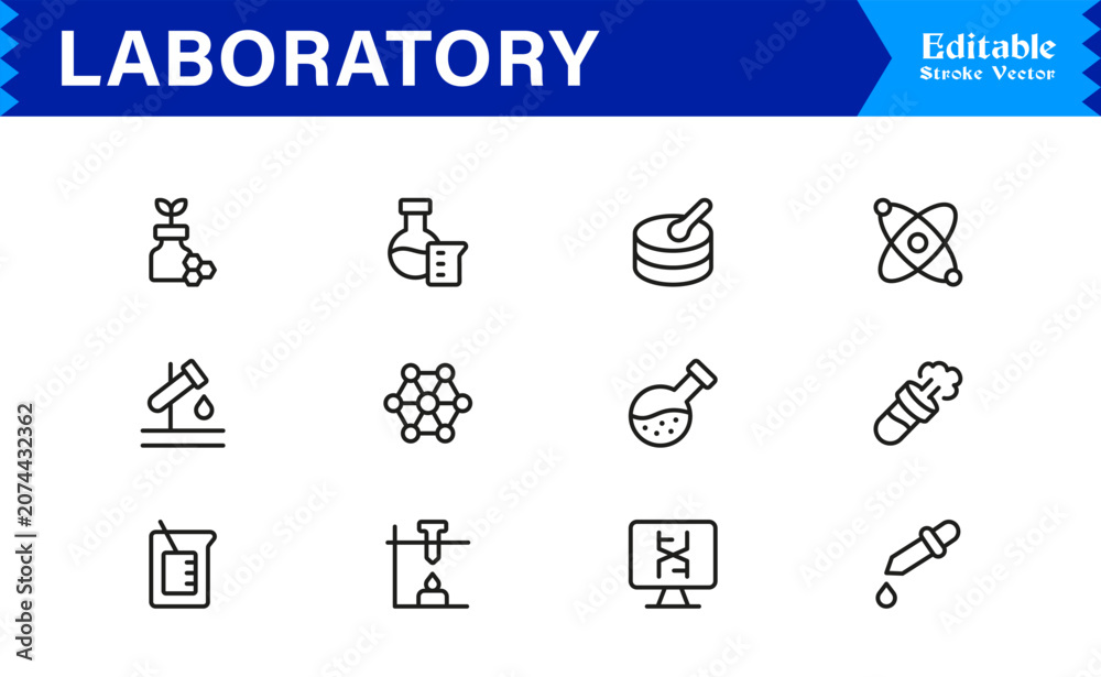Fototapeta premium Laboratory Science Research Professional Modern Line Icon Set for Lab Equipment and Experiments