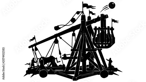 Konstfotografi Black and White Silhouette of a Medieval Trebuchet Siege Engine with Soldiers Is
