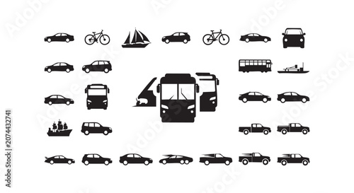 Group of diverse vehicles like cars buses bicycles and boats icons on white background simple silhouette vector.