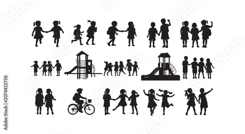 Group of happy school children playing outside in park setting silhouette icons set representing childhood activities.