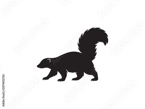 Black silhouette of a skunk walking with raised tail silhouette wildlife illustration