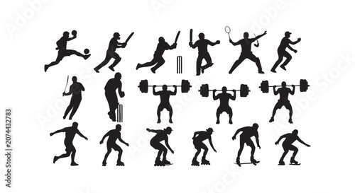 Group of sports silhouettes featuring cricket players weightlifters roller skaters and skateboarders in action poses.