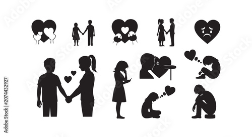 Heart themed black silhouettes with happy and sad couples and individuals on isolated white background.