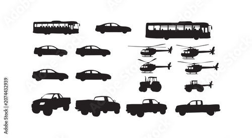 Heavy vehicle silhouettes set including pickup trucks tractors buses helicopters and passenger cars for industrial design.