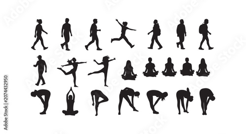 Human silhouettes in various exercise poses including yoga fitness and walking vector illustration for active people.
