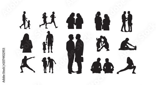 Human interaction silhouettes including couples friends and families walking talking and exercising together in black shapes.