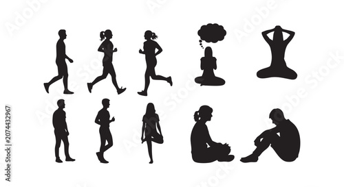 Individual person silhouettes representing various activities like running walking sitting and meditating in different poses.