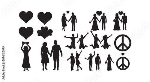 Joyful celebration silhouettes featuring jumping people loving couples weddings heart shapes and peace sign icons set.