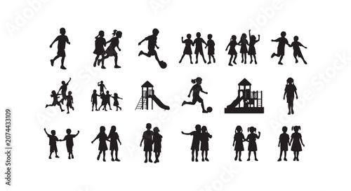 Kids playing silhouettes featuring playground equipment soccer games and children holding hands in various fun activities.
