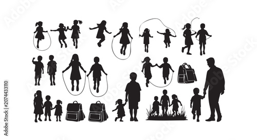 Kids playing silhouettes including jumping rope and walking to school with backpacks and father figure family collection.