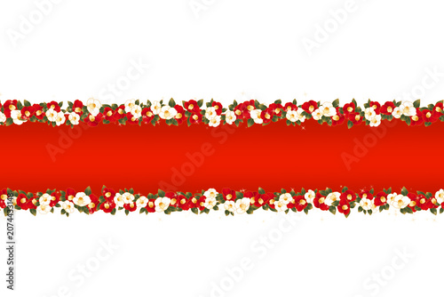 Japanese New Year Camellia Floral Banner Frame Template. Festive Floral Red Banner with White and Red Camellia Border. Elegant Red Floral Celebration Banner Template. 