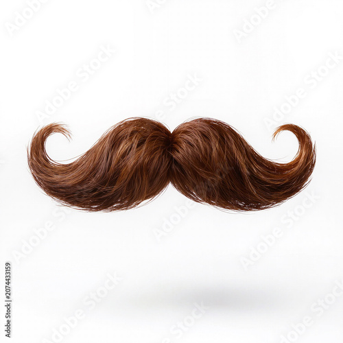 Curly brown mustache floating against a bright background