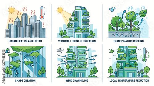 Vector illustrations demonstrating ecological architectural solutions and sustainable urban planning methods to reduce city temperatures