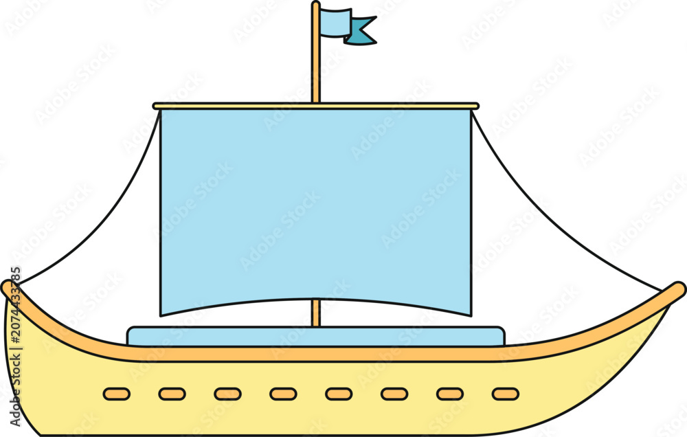 Fototapeta premium Cartoon sailing boat exploring the ocean with a blue sail and yellow hull