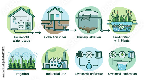 Water Cycle and Sustainable Urban Resource Management Process Infographic Illustration