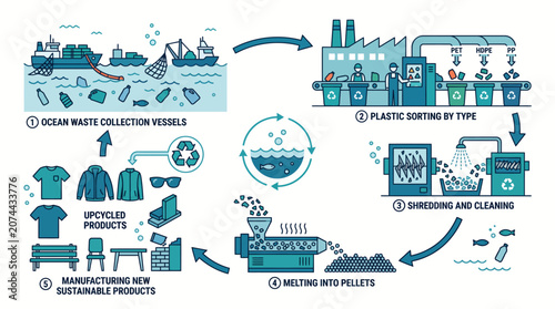 Circular economy infographic showing ocean plastic waste recycling stages and manufacturing of new sustainable upcycled products