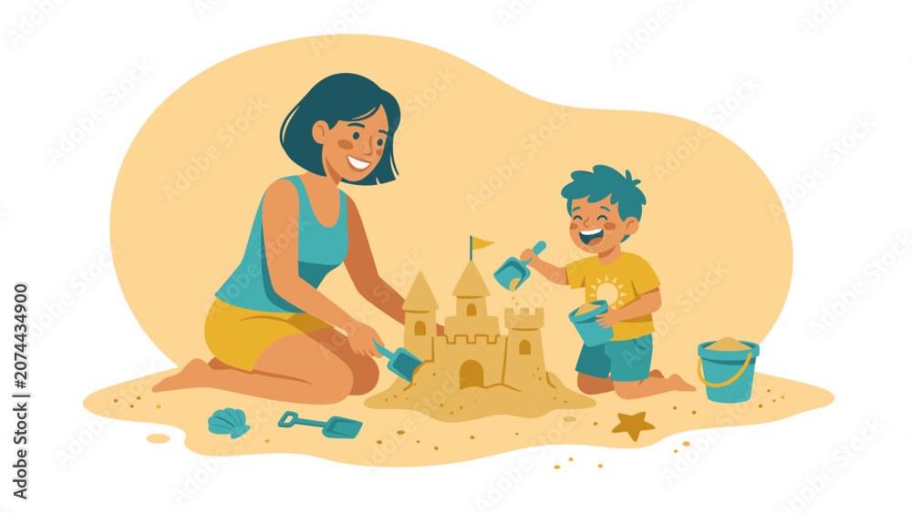 Fototapeta premium Happy Mother and Son Building Sandcastle on Sunny Beach Illustration