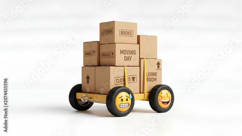 Cartoon delivery cart, smiling wheels, stacked cardboard boxes, moving day, logistics vector