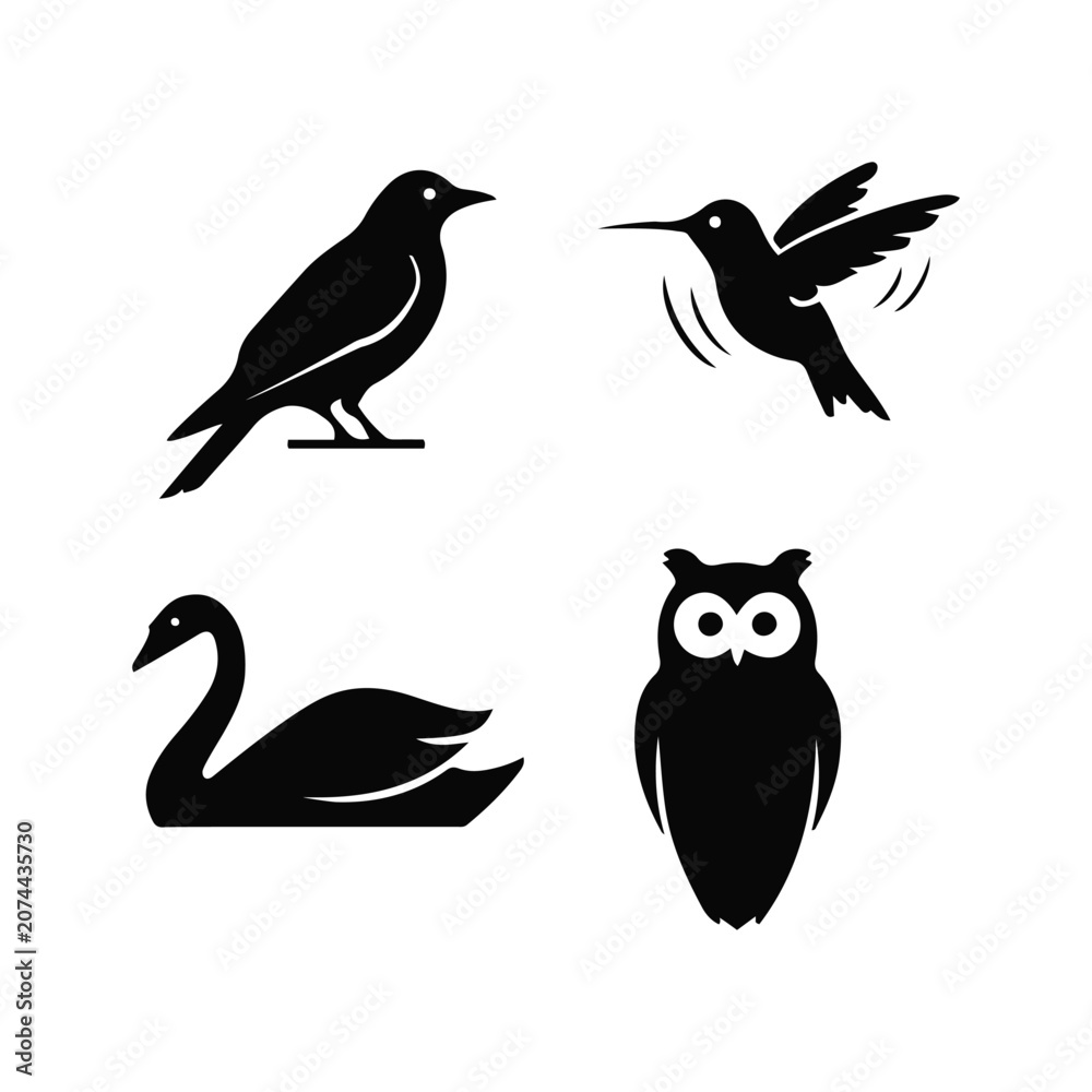Obraz premium Set of bird silhouettes including crow, hummingbird, swan, and owl
