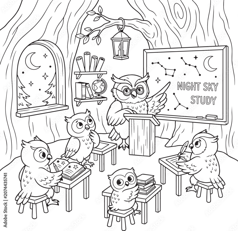 Naklejka premium Group of Cats Studying in Cozy Classroom Setting with Vintage Chalkboard Illustration
