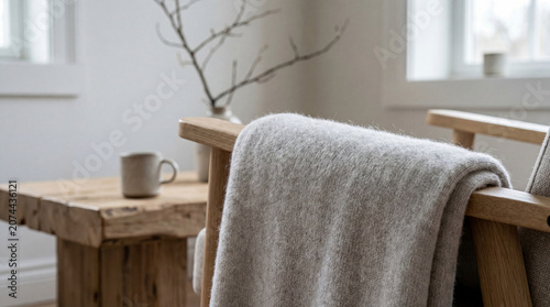 Cozy living room with cashmere throw on wooden chair