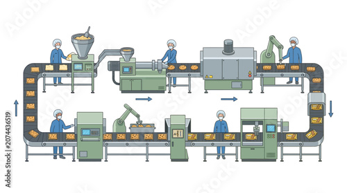 Automated Food Production Line: Factory Workers and Robotic Arms Manufacturing Goods