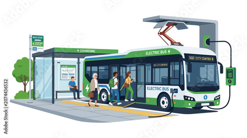 Electric Bus Charging at City Stop with Passengers Boarding Green Transport