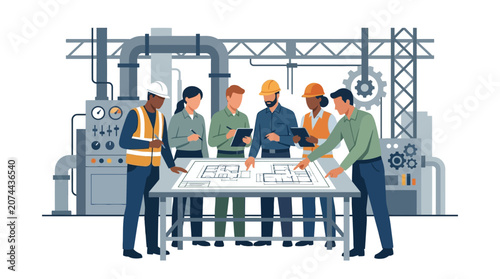 Diverse engineering team collaborating on blueprints in a factory setting.