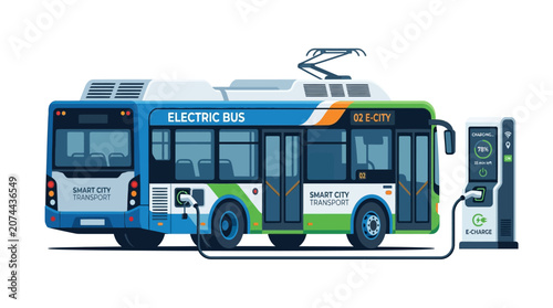 Electric bus charging at smart city transport station, eco-friendly future