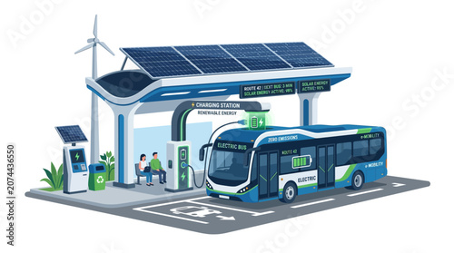 Electric Bus Charging at Renewable Energy Station with Solar Panels and Wind Turbine