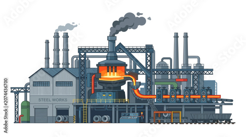 Steel Works Factory - Industrial Plant with Smelting Furnace and Rolling Mill