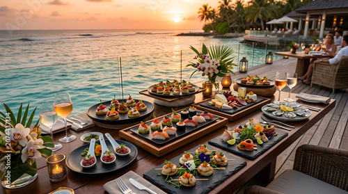 Luxury dinner buffet with various gourmet dishes served on a wooden table at a beach restaurant during a beautiful tropical sunset