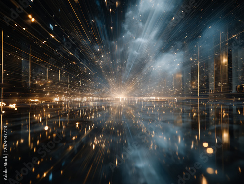 Dynamic Light Burst in Space Scene with Sparkling Cosmic Particles and Reflection