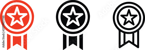 Star medal and award ribbon icon set in flat color, silhouette, and outline styles