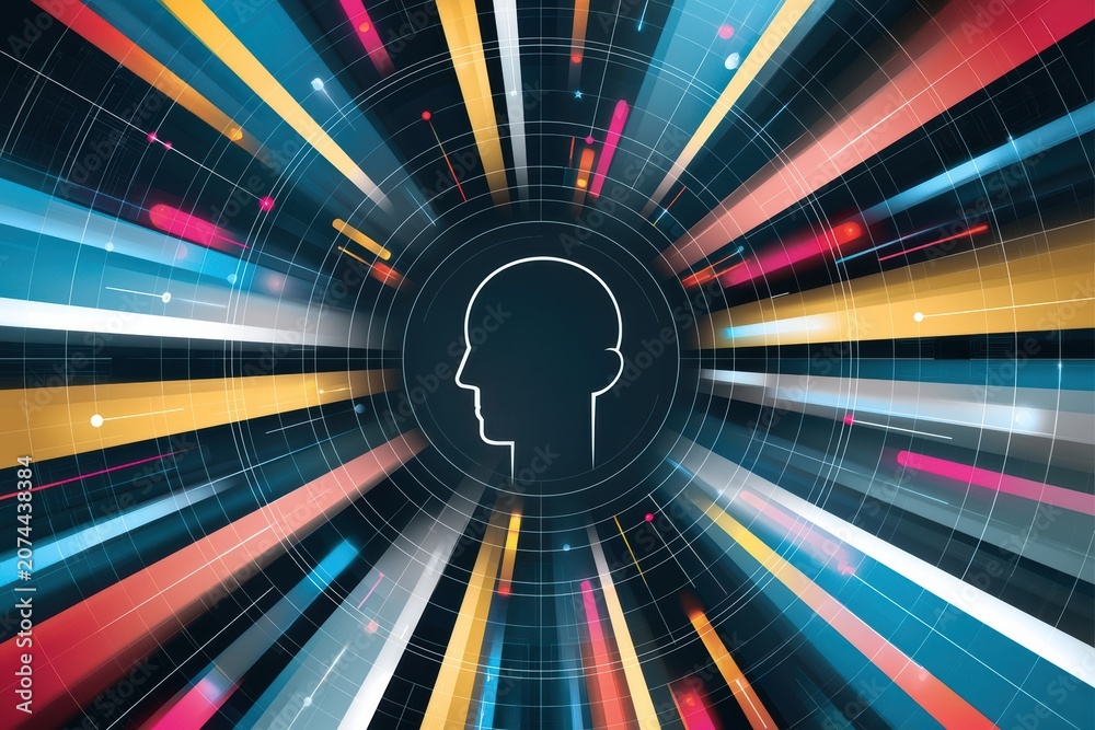 Fototapeta premium Dark abstract technological illustration of human mind silhouette surrounded by radial data streams
