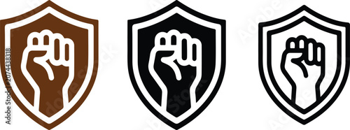 Raised fist inside shield security icon set in multiple styles
