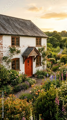 Charming English Countryside Cottage with Lush Garden at Sunset.