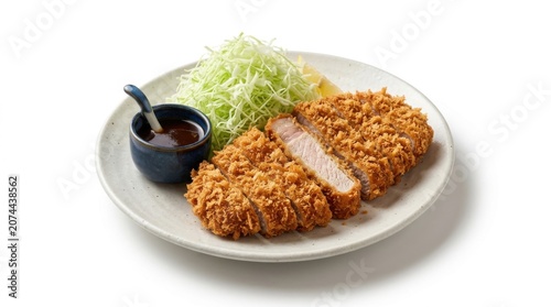 Crispy japanese pork cutlet tonkatsu with shredded cabbage and brown sauce