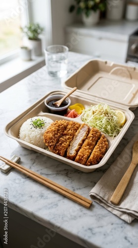 Takeaway bento box with crispy fried pork cutlet rice and shredded cabbage