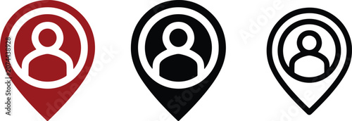 User location map pin icon set in flat color, silhouette, and outline styles
